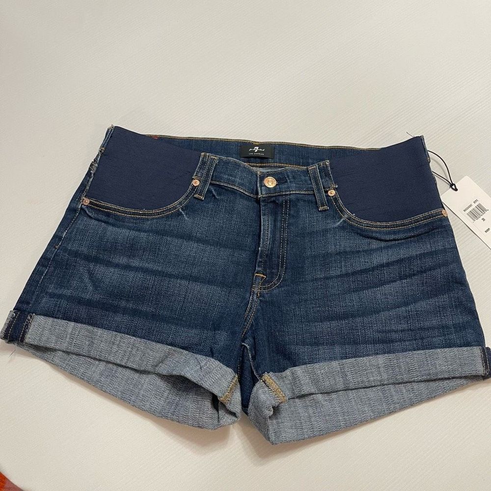 7 For All Mankind Dark Blue Denim Maternity Jean Shorts with Navy Waistband